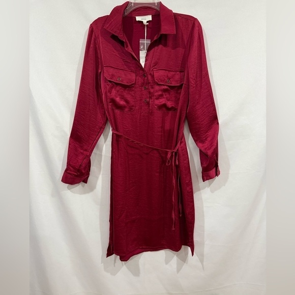 Lucky Brand Satin Feel Long Sleeve Dress Tie Waist Midi Red Burgundy Size Medium - Picture 3 of 7